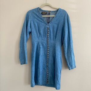 Vintage Long Sleeve Blue Denim Button Front Mini Dress